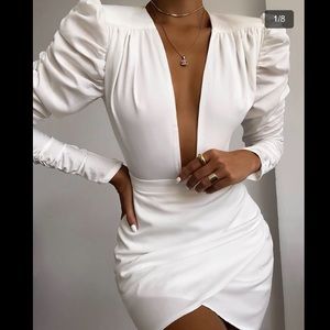 Puff Sleeve Ruched Plunged Neckline Dress